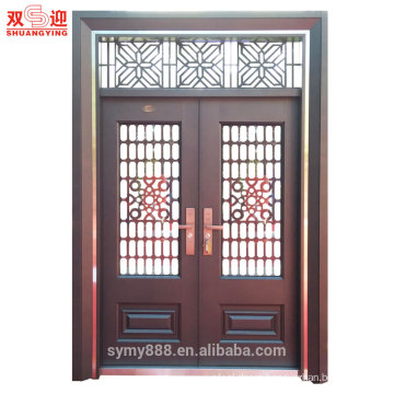 Tempered glass new entrance double steel door stainless wire design